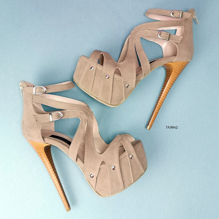 Beige Suede Ankle Cage Heels - Tajna Club