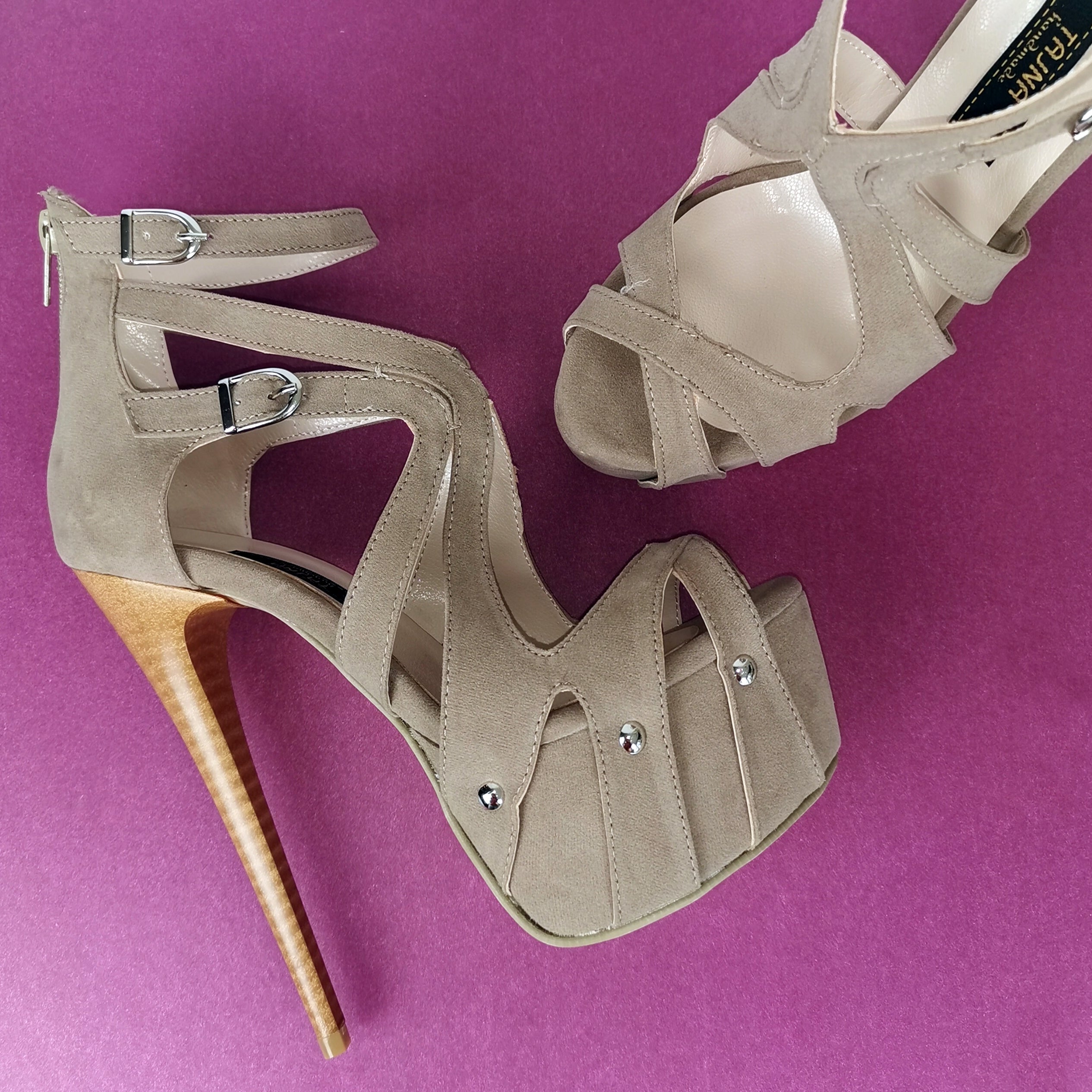 Beige Suede Ankle Cage Heels - Tajna Club