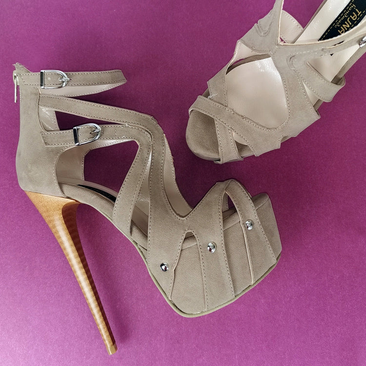 Beige Suede Ankle Cage Heels - Tajna Club