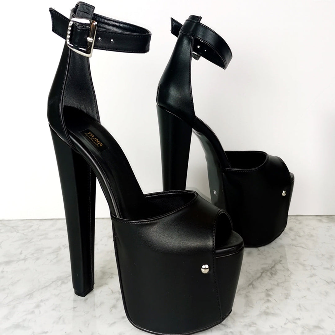 Black Matte Single Strap Chunky Heels - Tajna Club