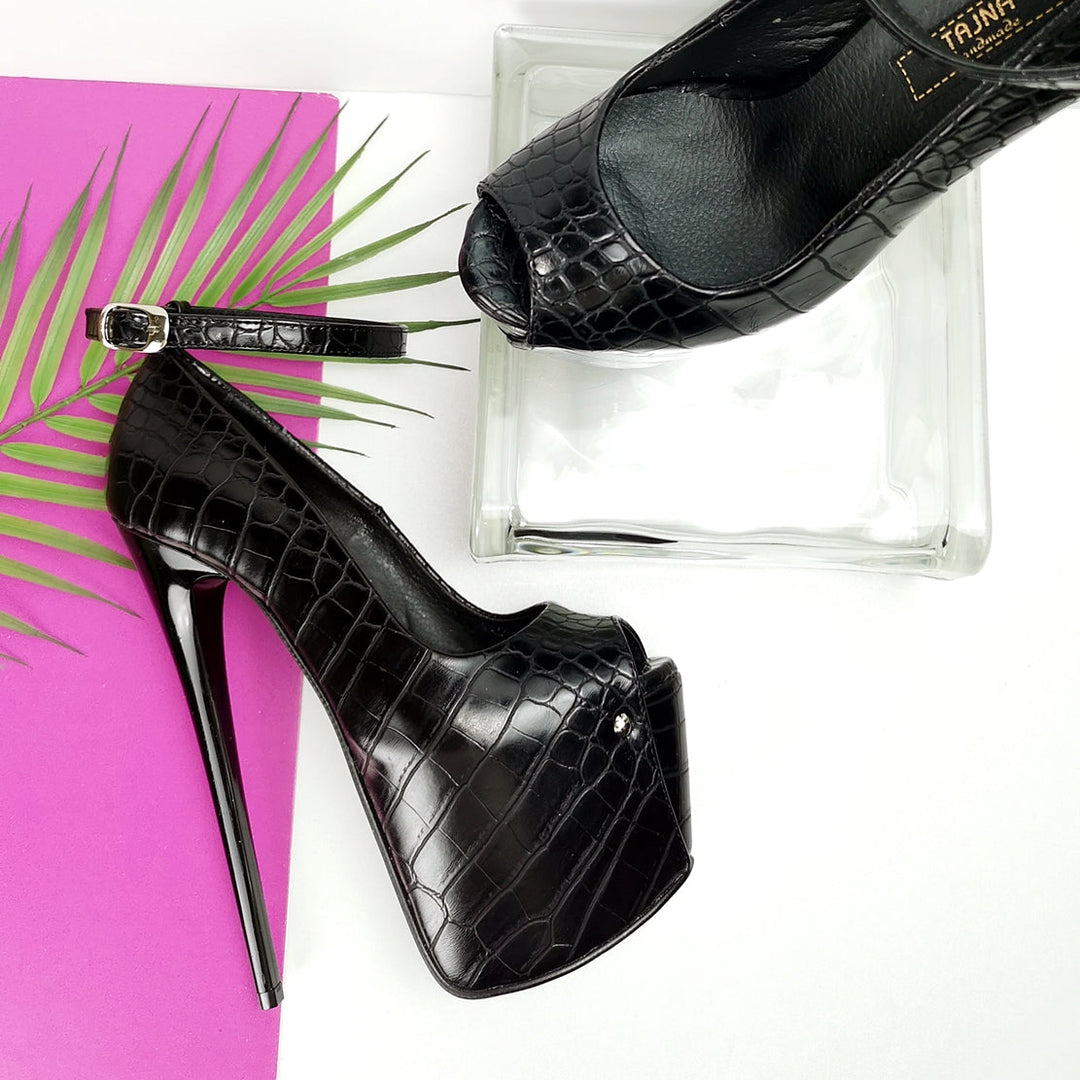 Black Croco Ankle Strap Pencil Heels - Tajna Club