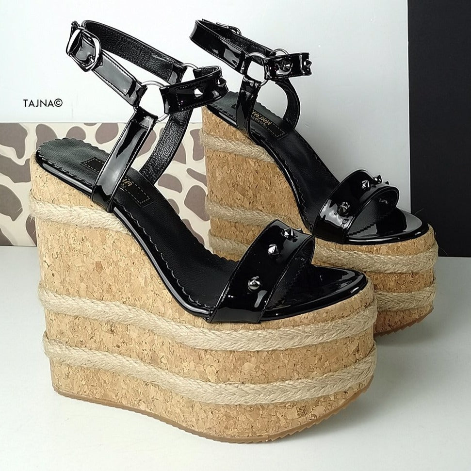 Black Gloss Studs Cork Wedge Sandals - Tajna Club