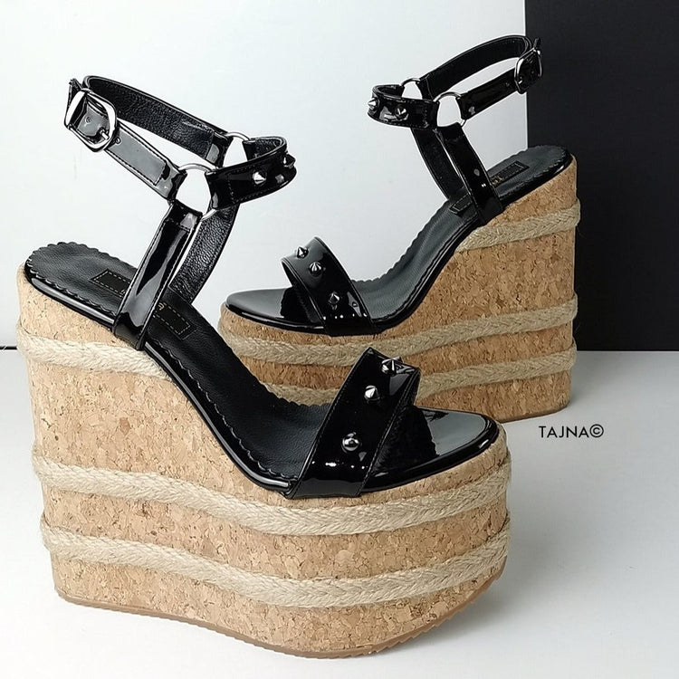 Black Gloss Studs Cork Wedge Sandals - Tajna Club
