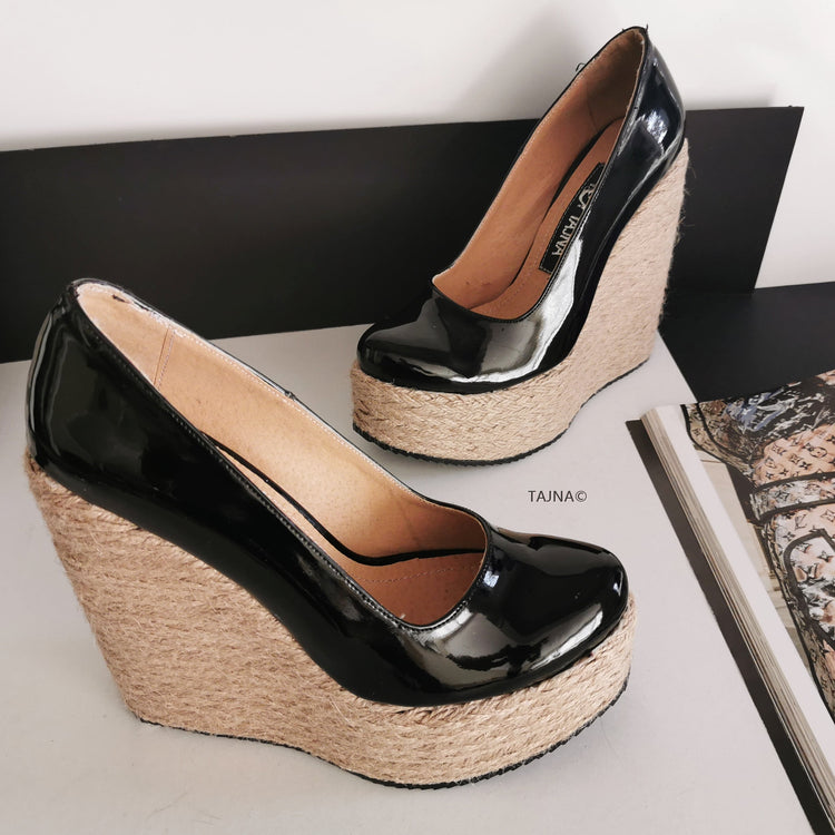 Black Patent Espadril Wedge Heels - Tajna Club