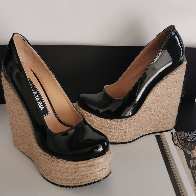 Black Patent Espadril Wedge Heels - Tajna Club