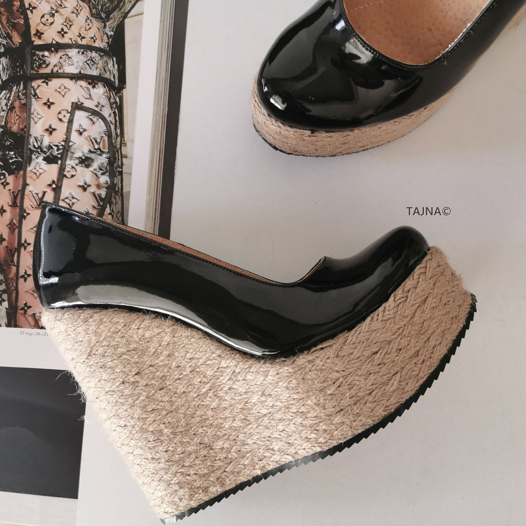 Black Patent Espadril Wedge Heels - Tajna Club