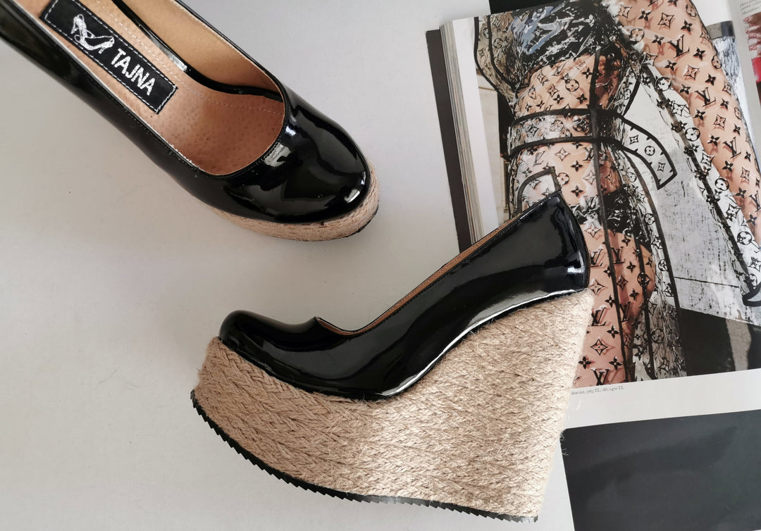 Black Patent Espadril Wedge Heels - Tajna Club