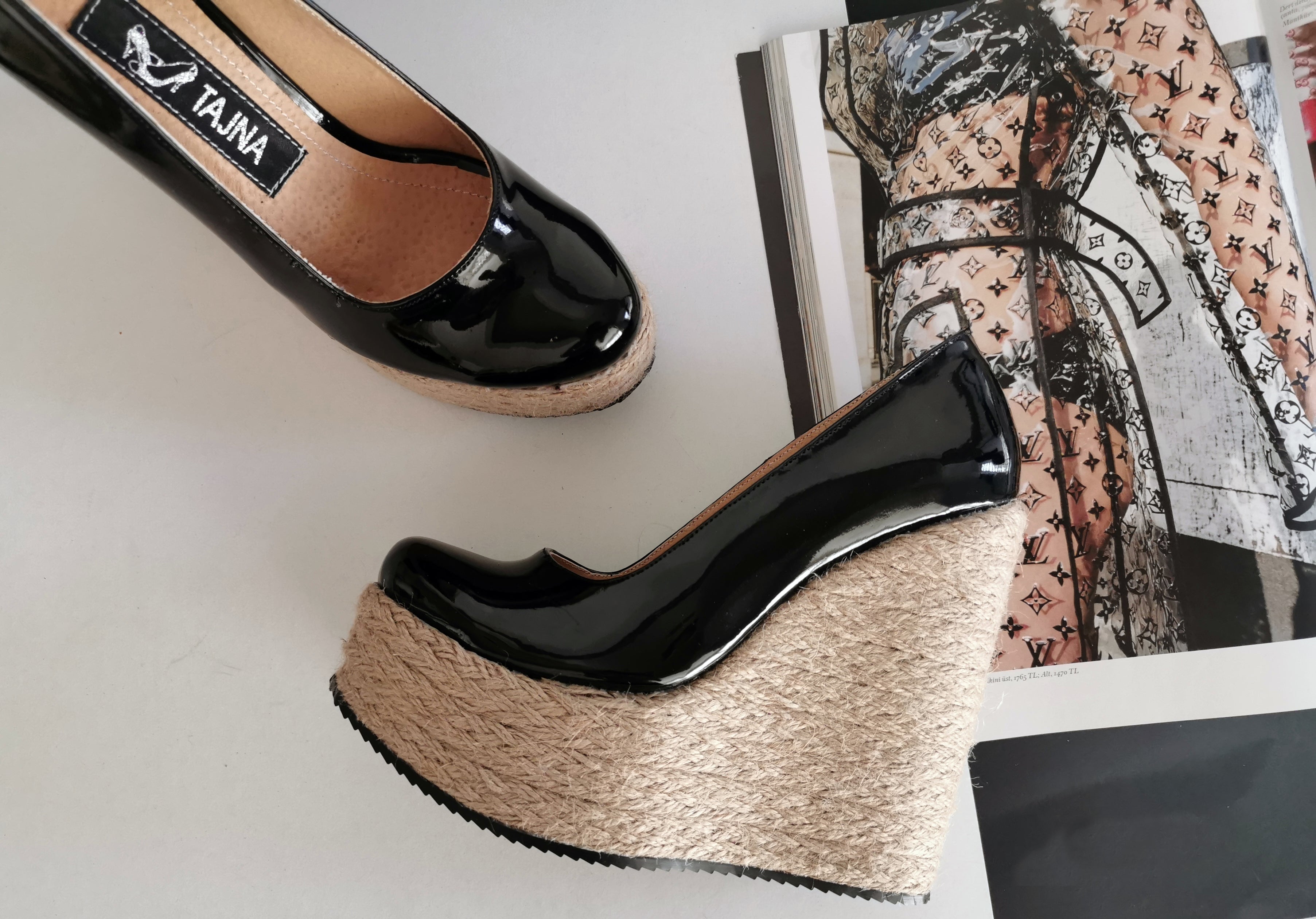Black Patent Espadril Wedge Heels - Tajna Club