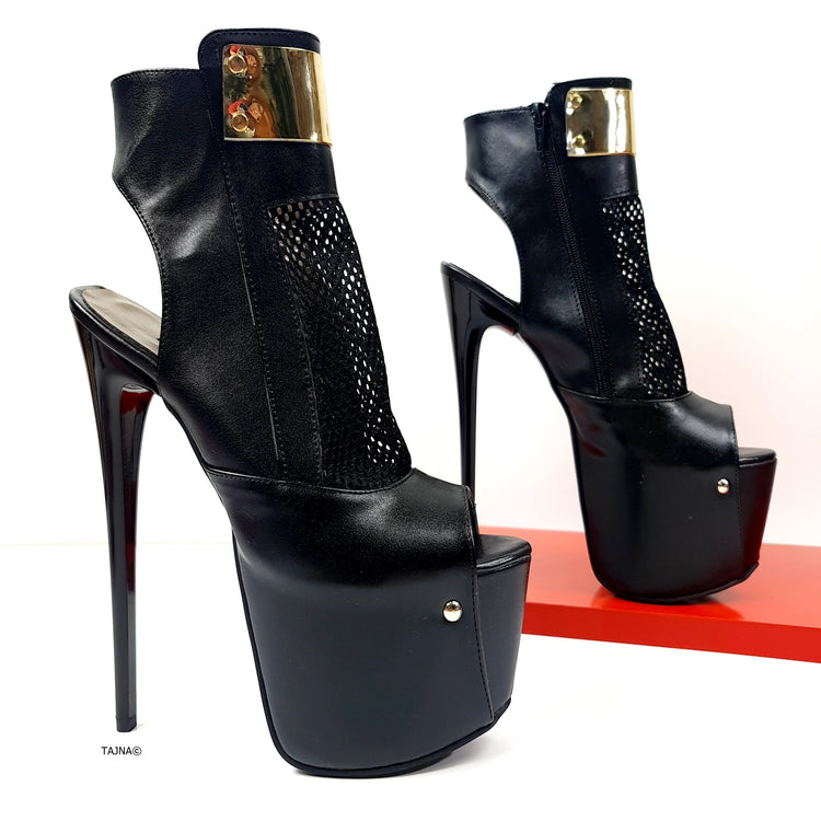 Black Sling back Fishnet Ankle High Heels Tajna