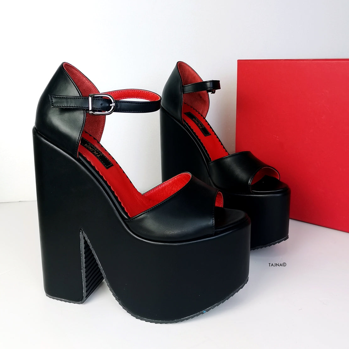 Black Red Ankel Strap Peep Toe Wedges - Tajna Club
