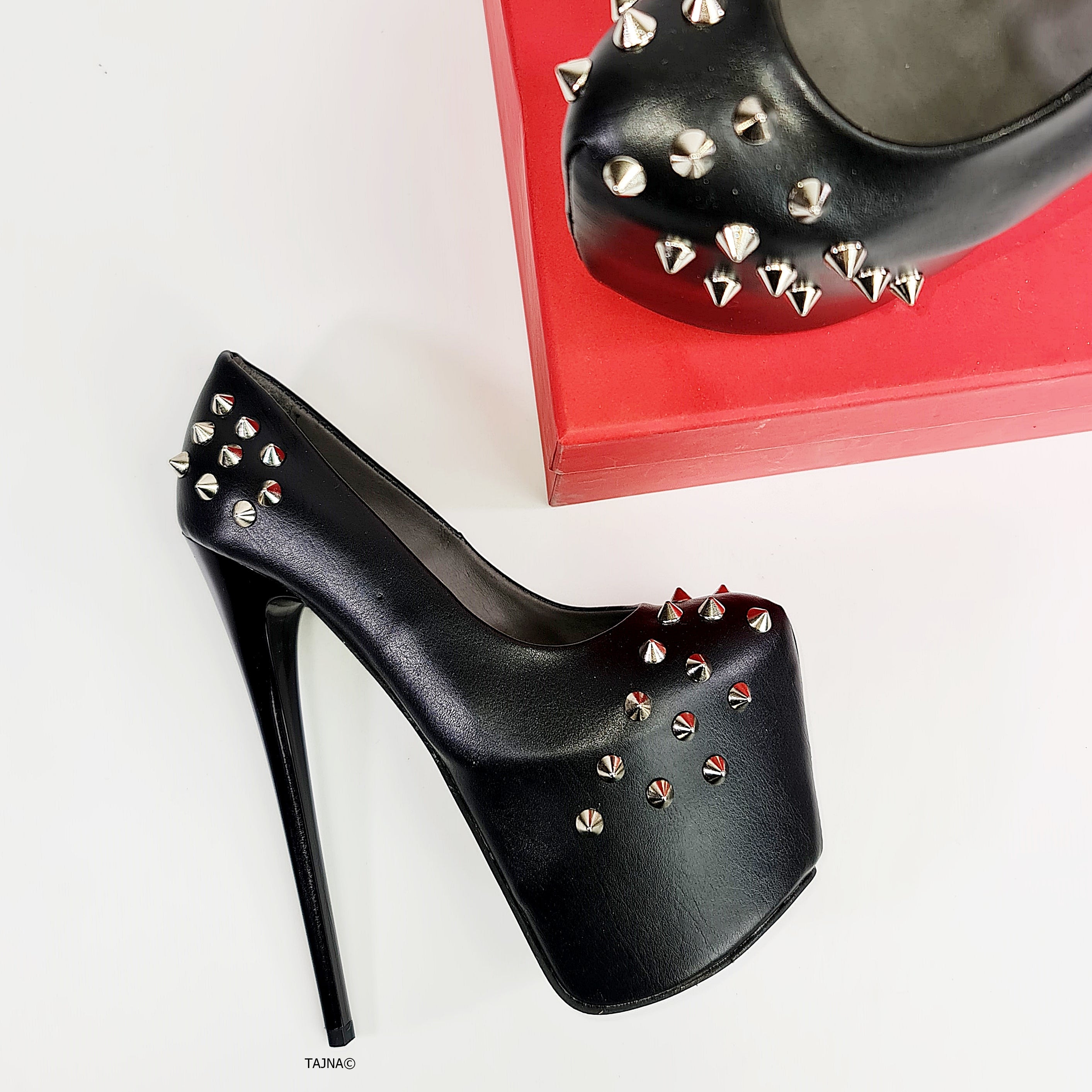 Black Matte Spike Studded High Heels - Tajna Club