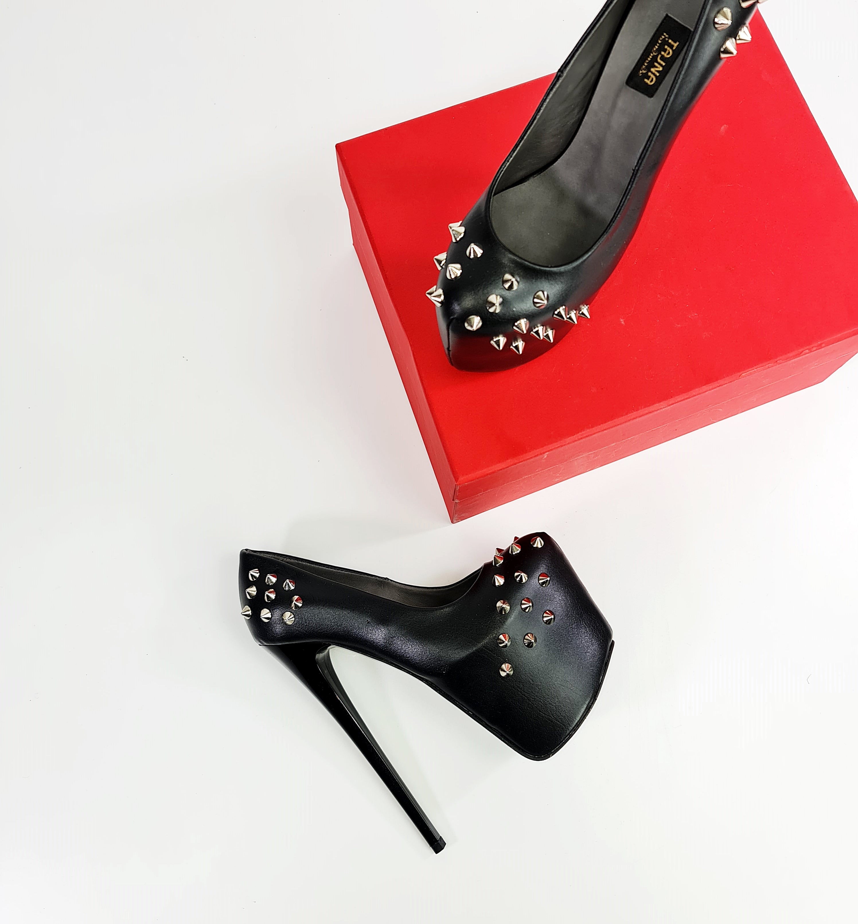 Black Matte Spike Studded High Heels - Tajna Club