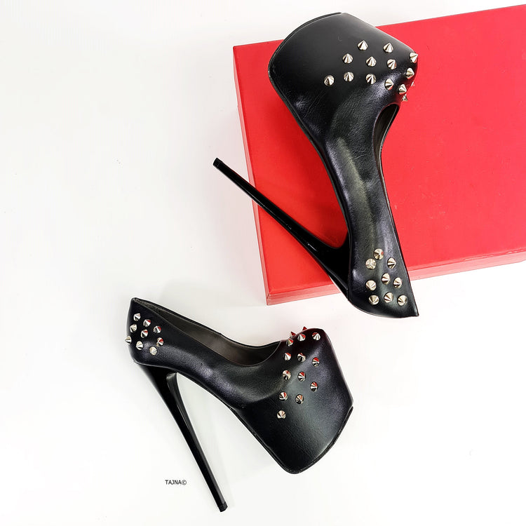 Black Matte Spike Studded High Heels - Tajna Club
