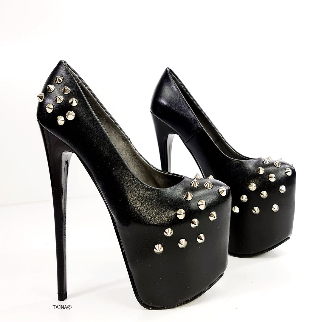 Black Matte Spike Studded High Heels - Tajna Club