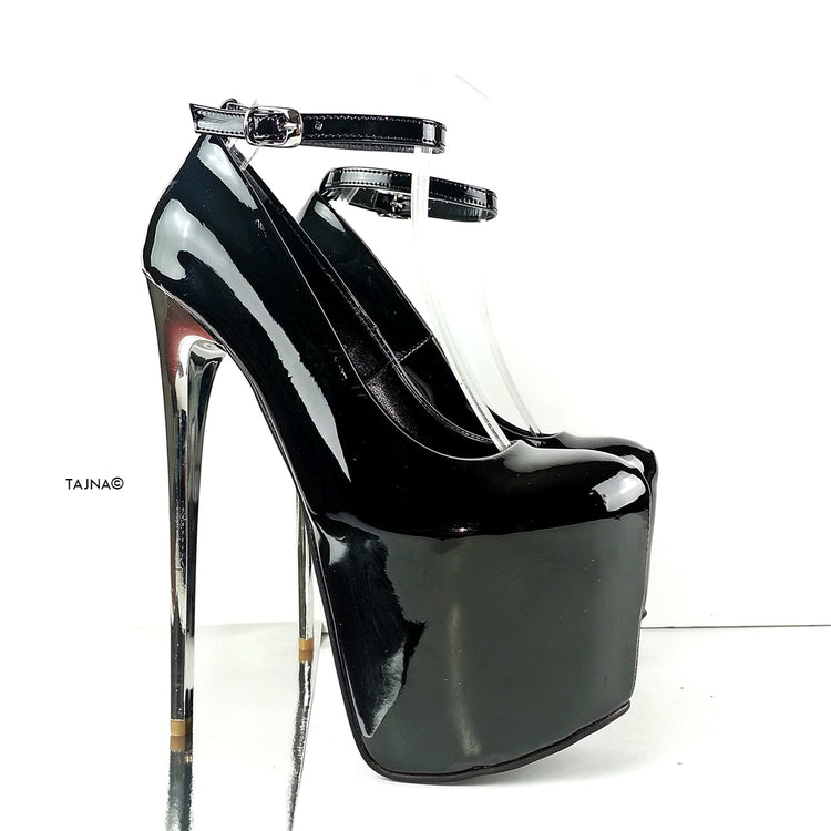 Ankle Strap Black Patent Metallic Heels - Tajna Club