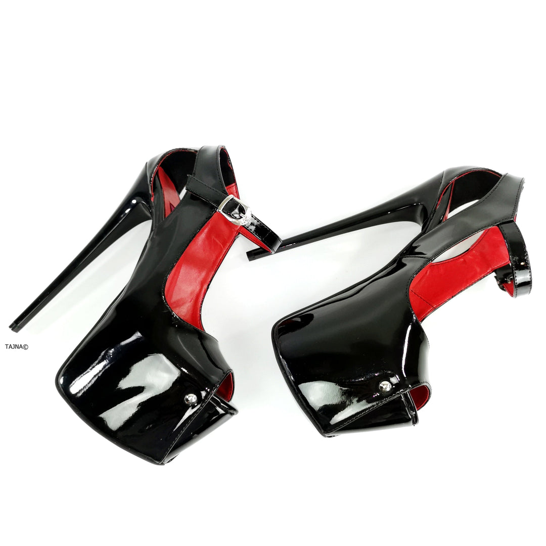 Black Gloss Modern Mary Jane Peep Toe Heels - Tajna Club