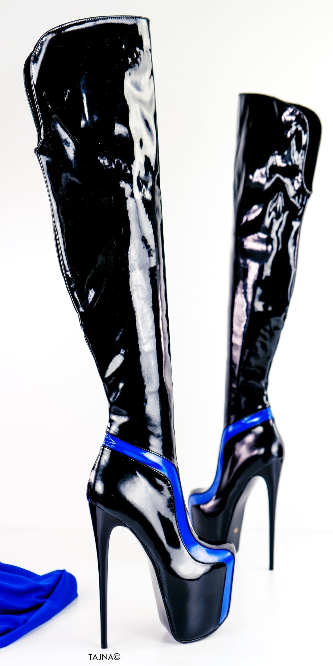 Black Blue Detail Knee Patent High Boots - Tajna Club