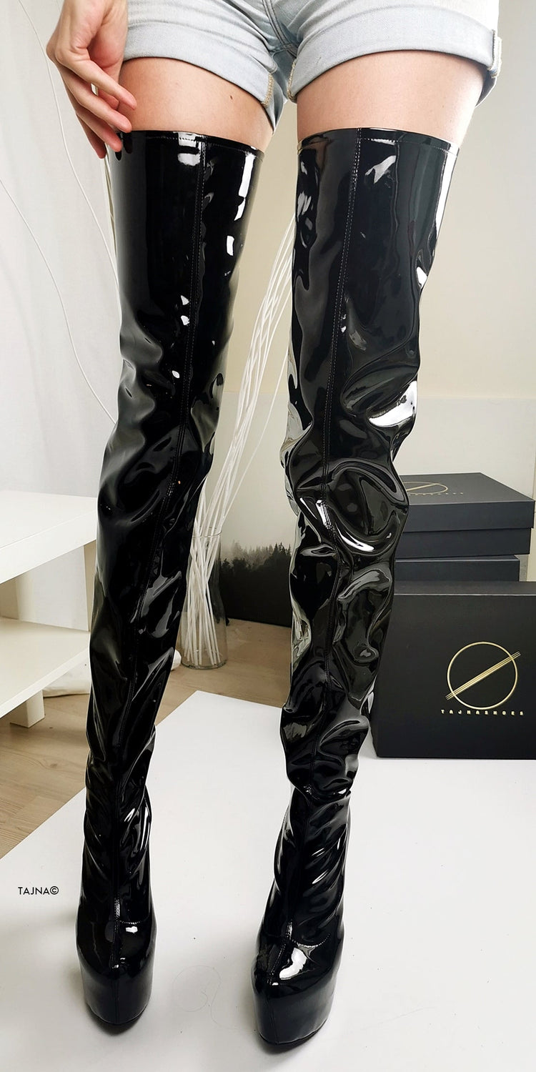 Black Gloss Thigh High Chunky Heel Boots - Tajna Club