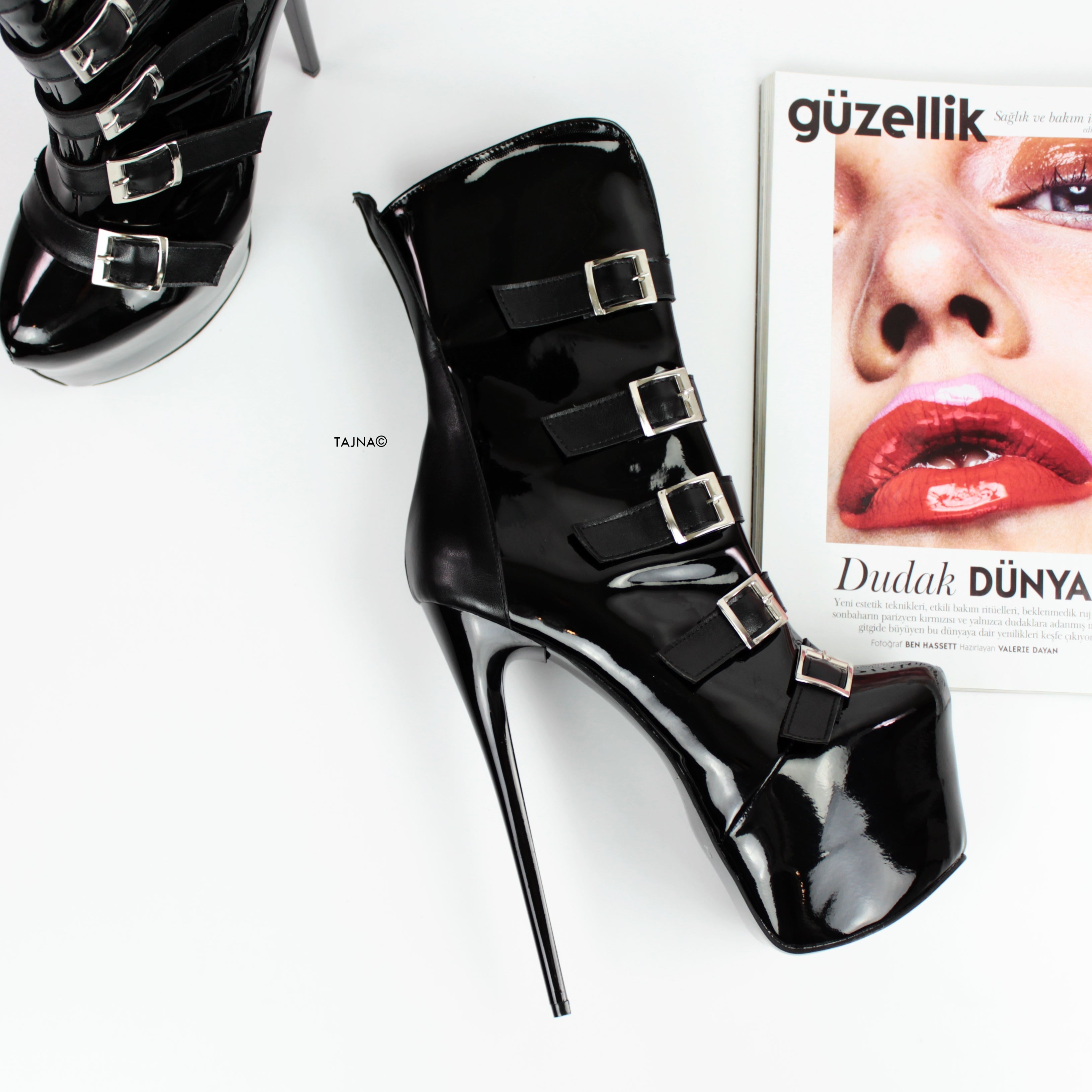 Belted Black Gloss Fetish Heel Boots - Tajna Club