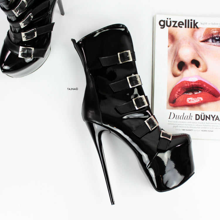 Belted Black Gloss Fetish Heel Boots - Tajna Club