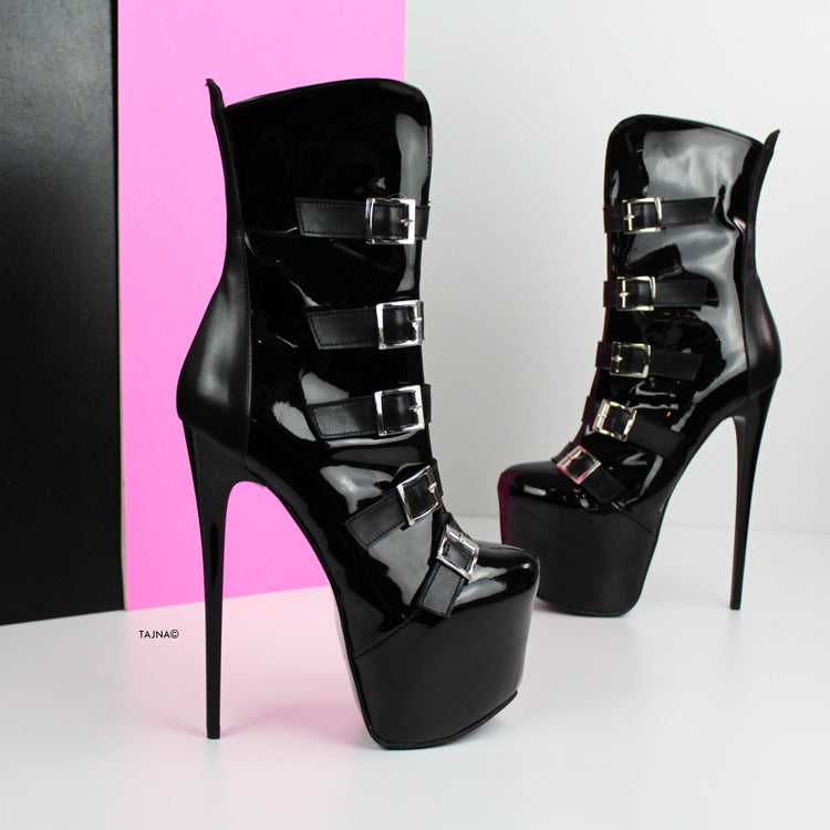 Belted Black Gloss Fetish Heel Boots - Tajna Club