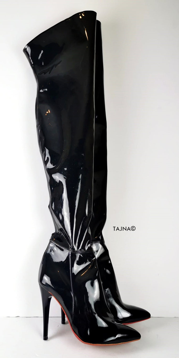 Black Gloss High Heel Pointy Toe Long Boots - Tajna Club