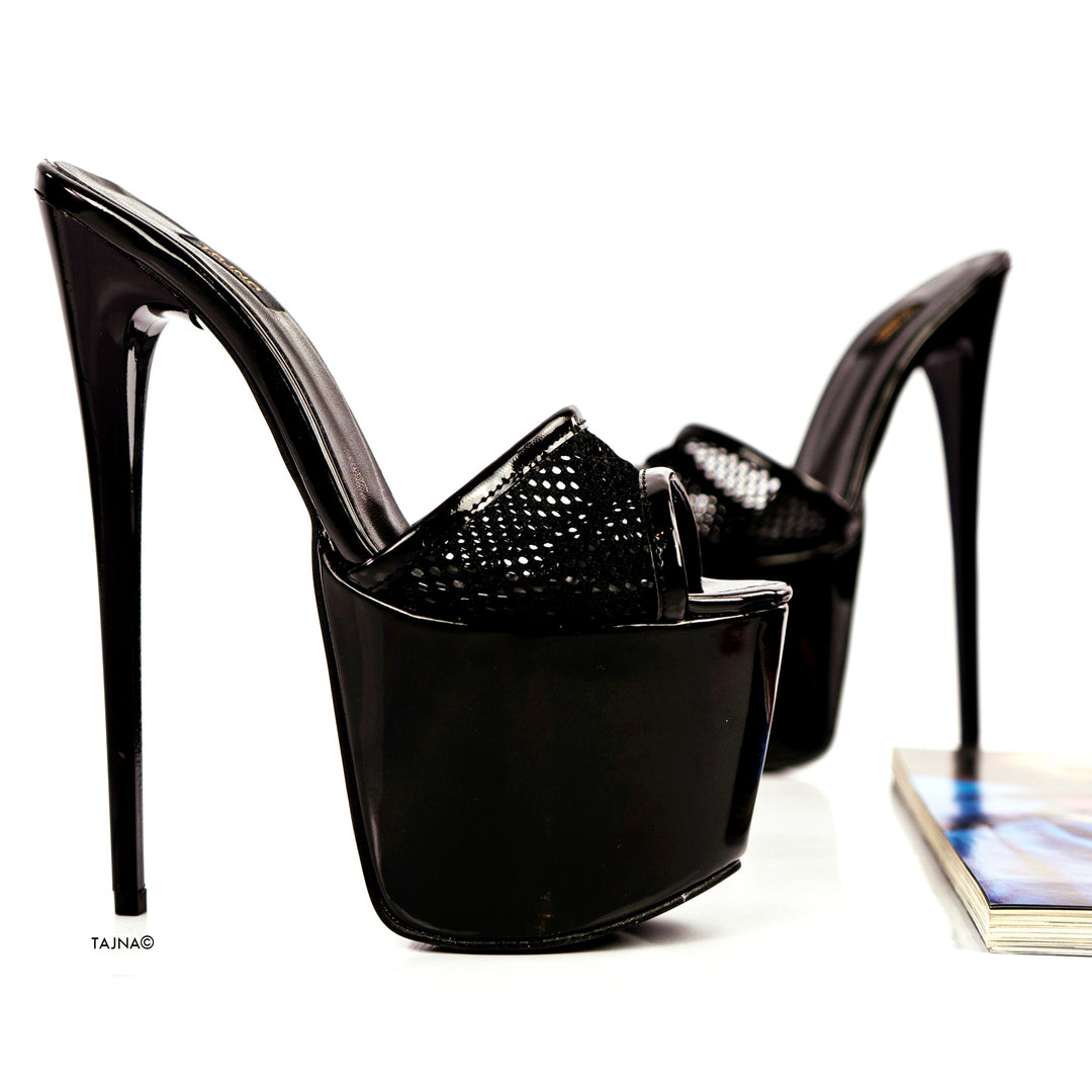 Black Gloss Fishnet High Heel Mules - Tajna Club