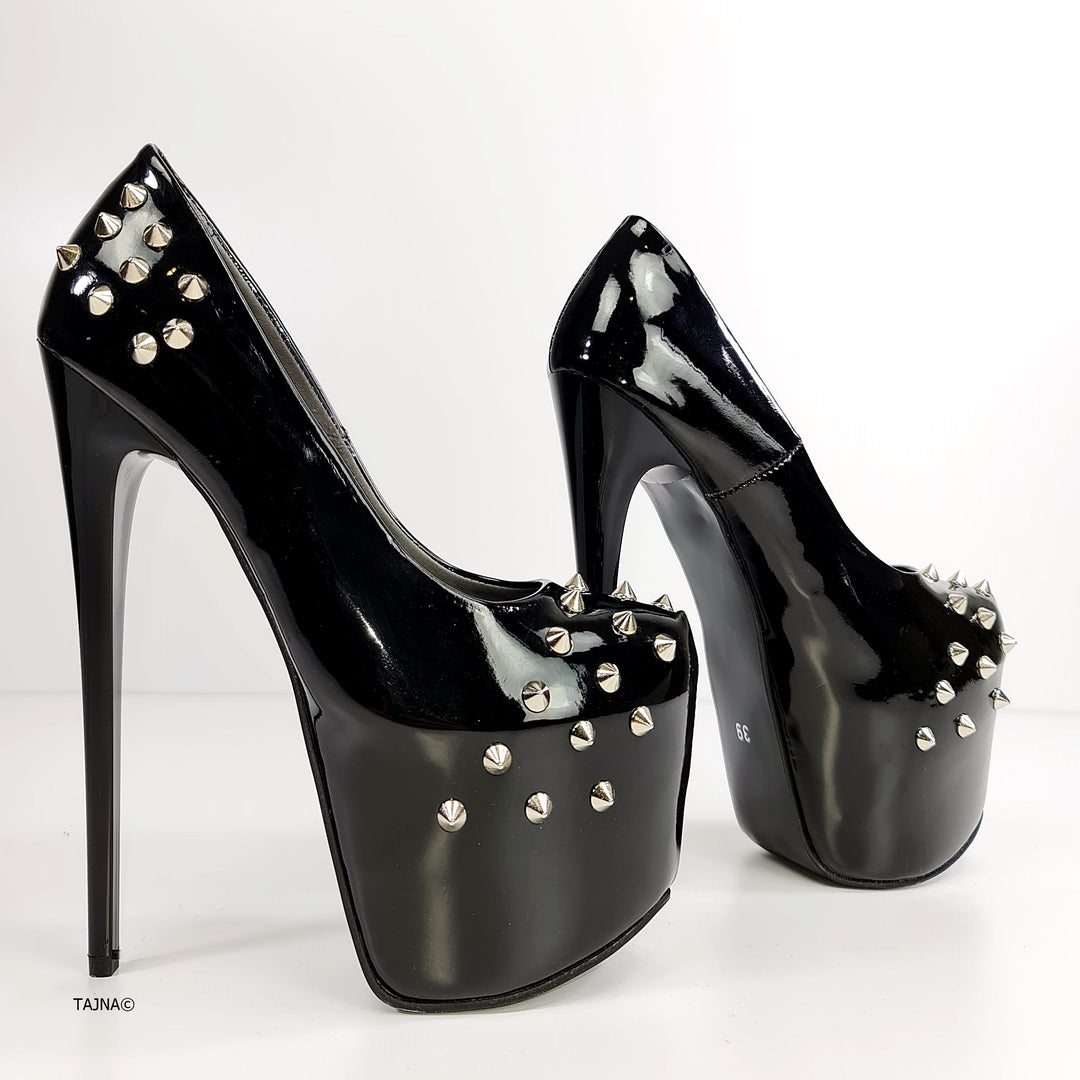 Black Gloss Spike Studded High Heels - Tajna Club