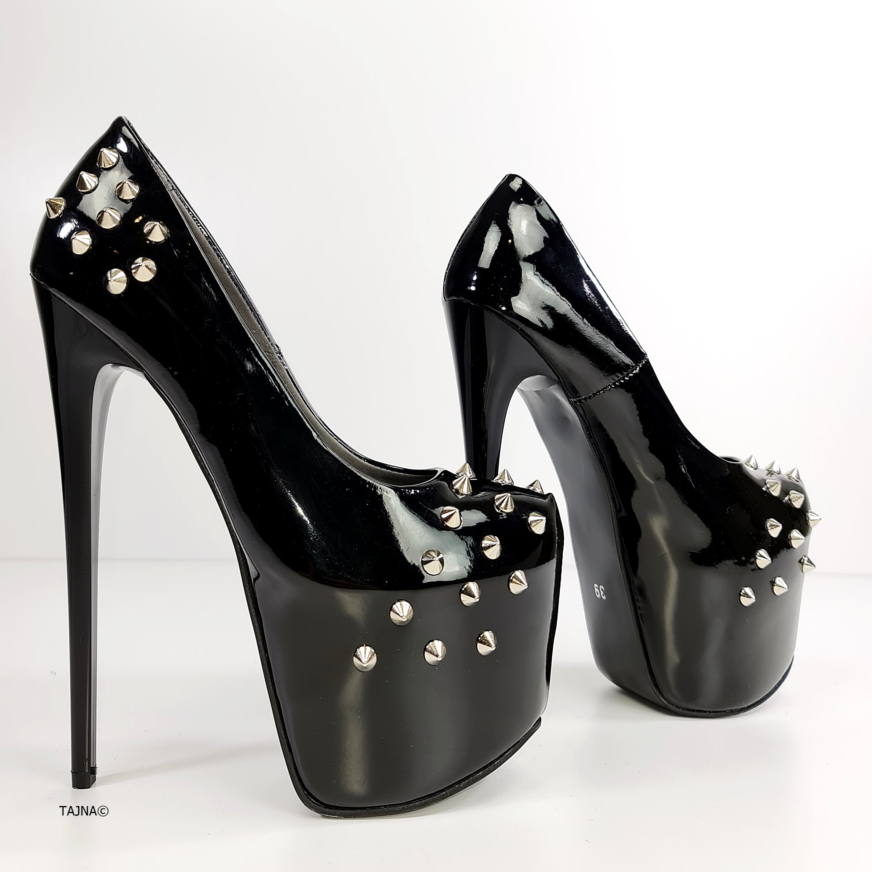 Black Gloss Spike Studded High Heels - Tajna Club