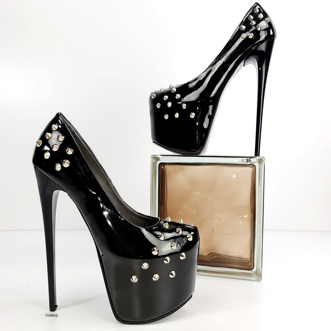 Black Gloss Spike Studded High Heels - Tajna Club