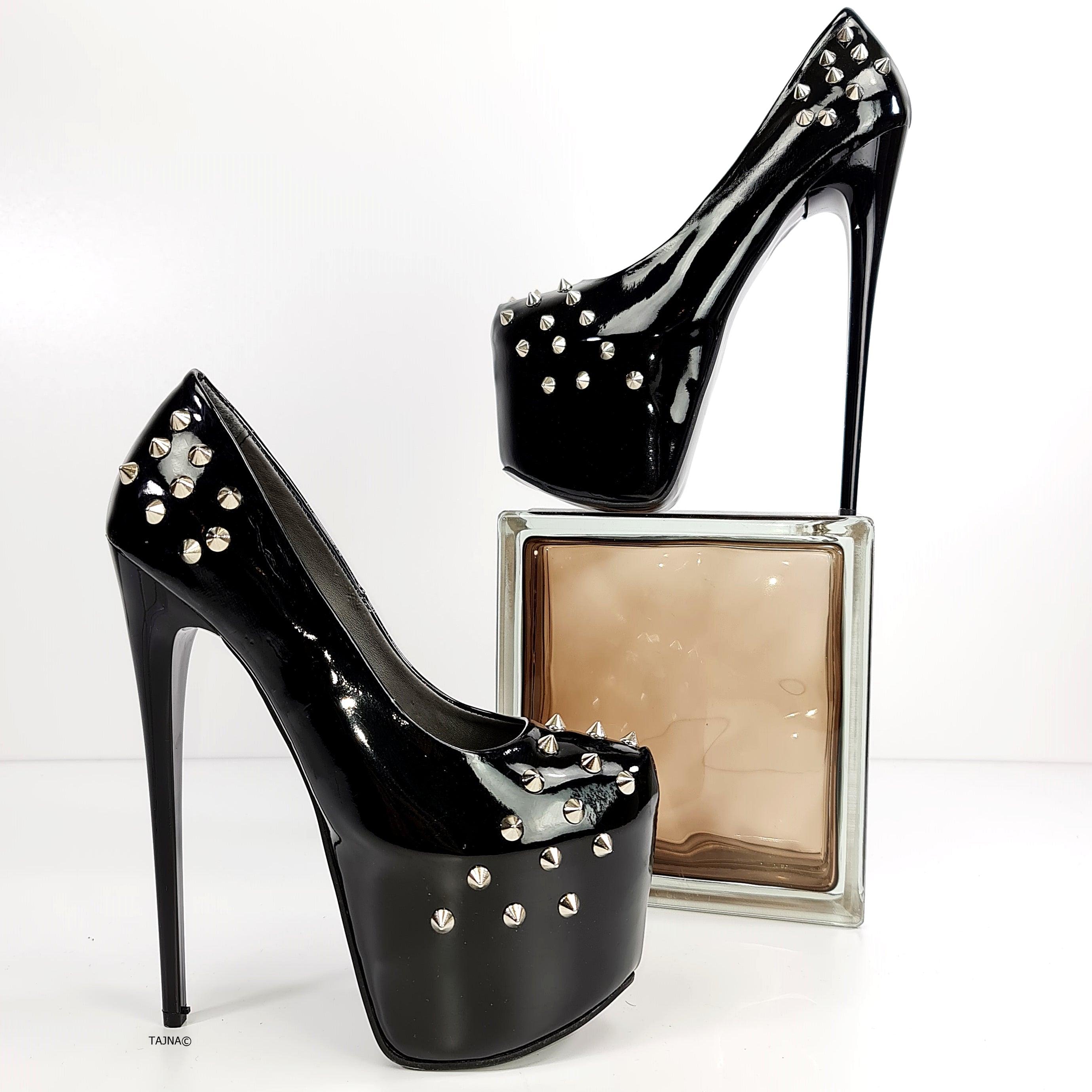 Black Gloss Spike Studded High Heels - Tajna Club