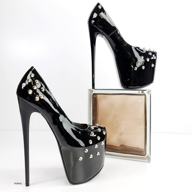 Black Gloss Spike Studded High Heels - Tajna Club