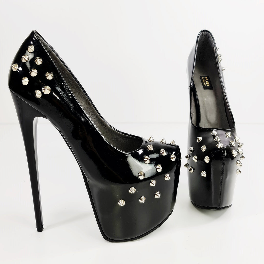 Black Gloss Spike Studded High Heels - Tajna Club
