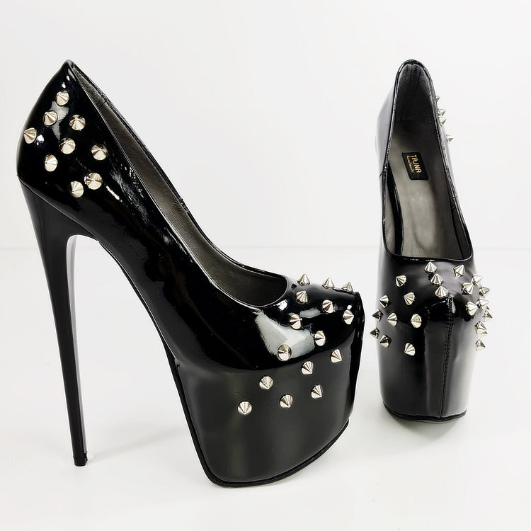 Black Gloss Spike Studded High Heels - Tajna Club