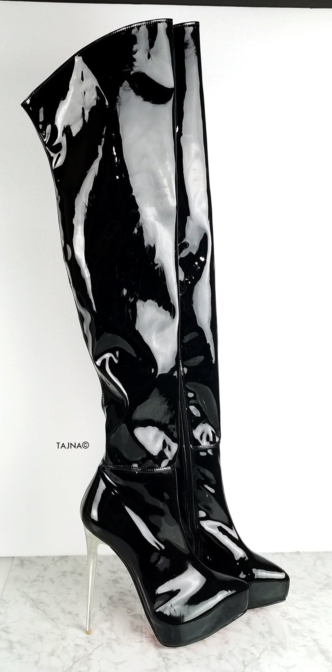 Black Gloss Patent Thigh High Boots - Tajna Club