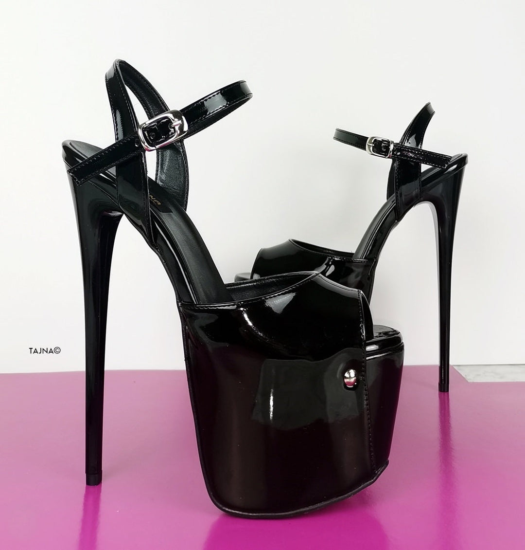 Black Glossy High Heel Sandals - Tajna Club