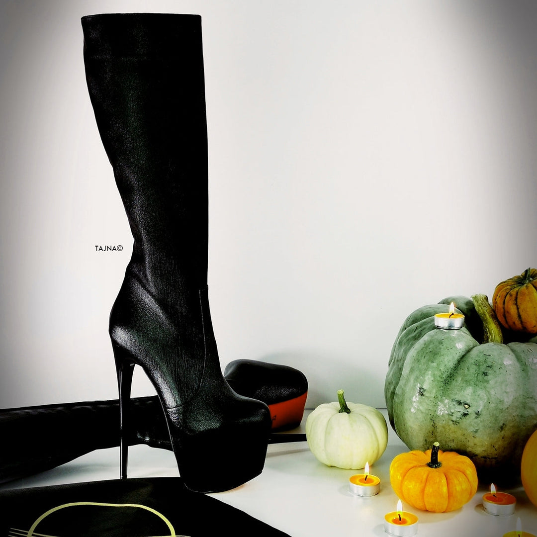 Orange Sole Black Matte Mid Calf Boots - Tajna Club