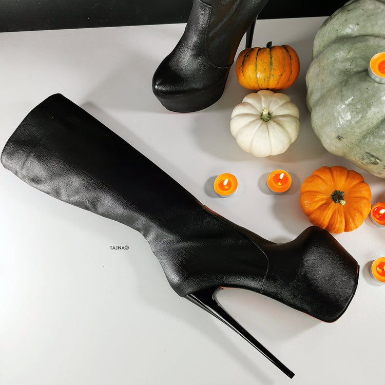Orange Sole Black Matte Mid Calf Boots - Tajna Club