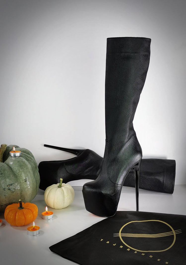 Orange Sole Black Matte Mid Calf Boots - Tajna Club