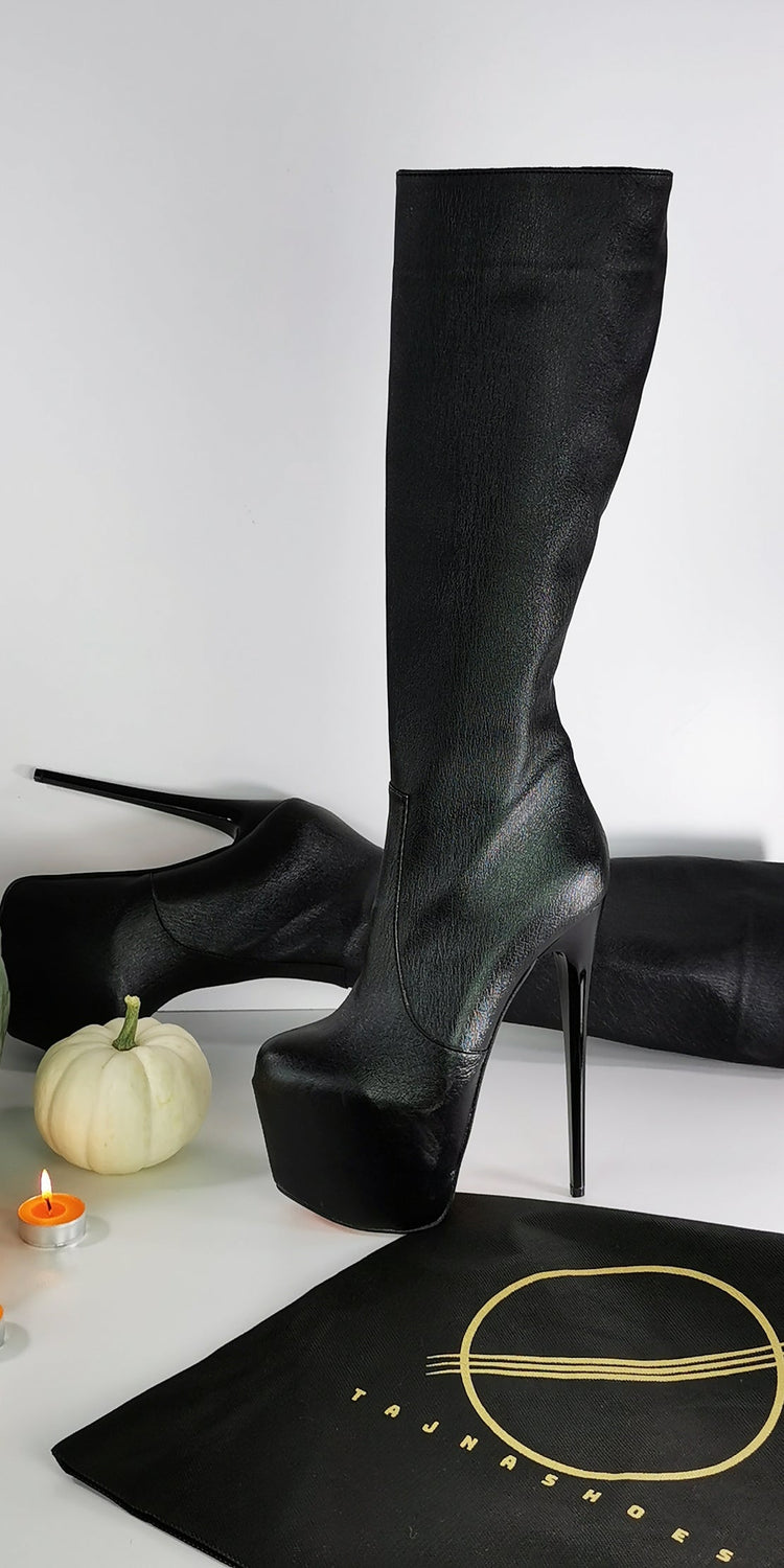 Orange Sole Black Matte Mid Calf Boots - Tajna Club