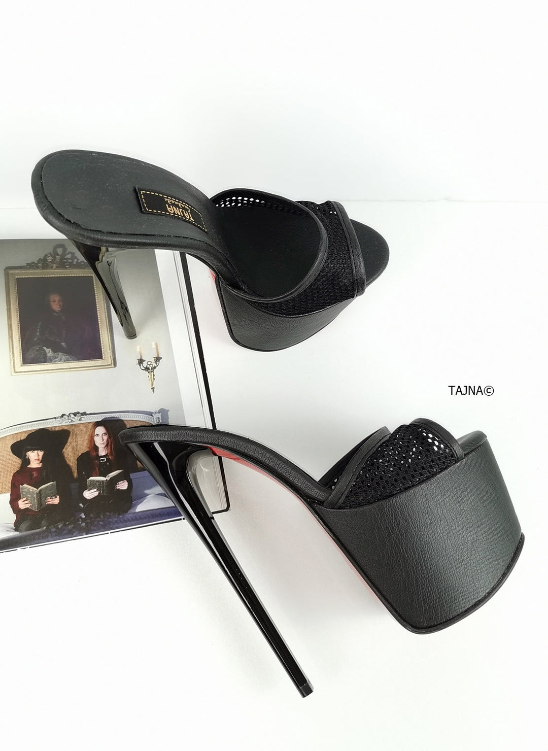 Fishnet Strap High Heel Mules - Tajna Club