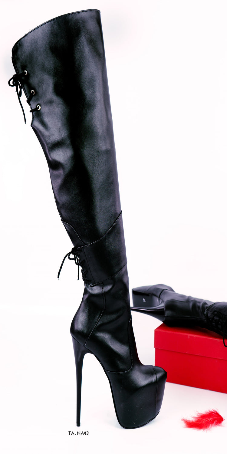 Black Matte Side Lace Over Knee Boots - Tajna Club