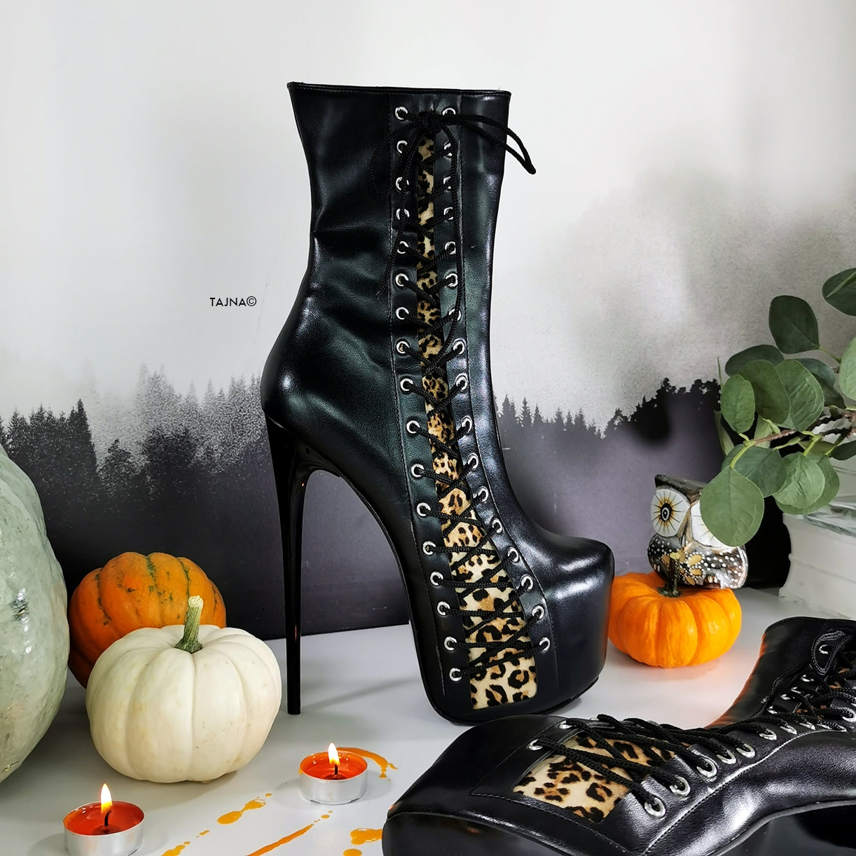 Black Leopard Corset High Heel Boots - Tajna Club