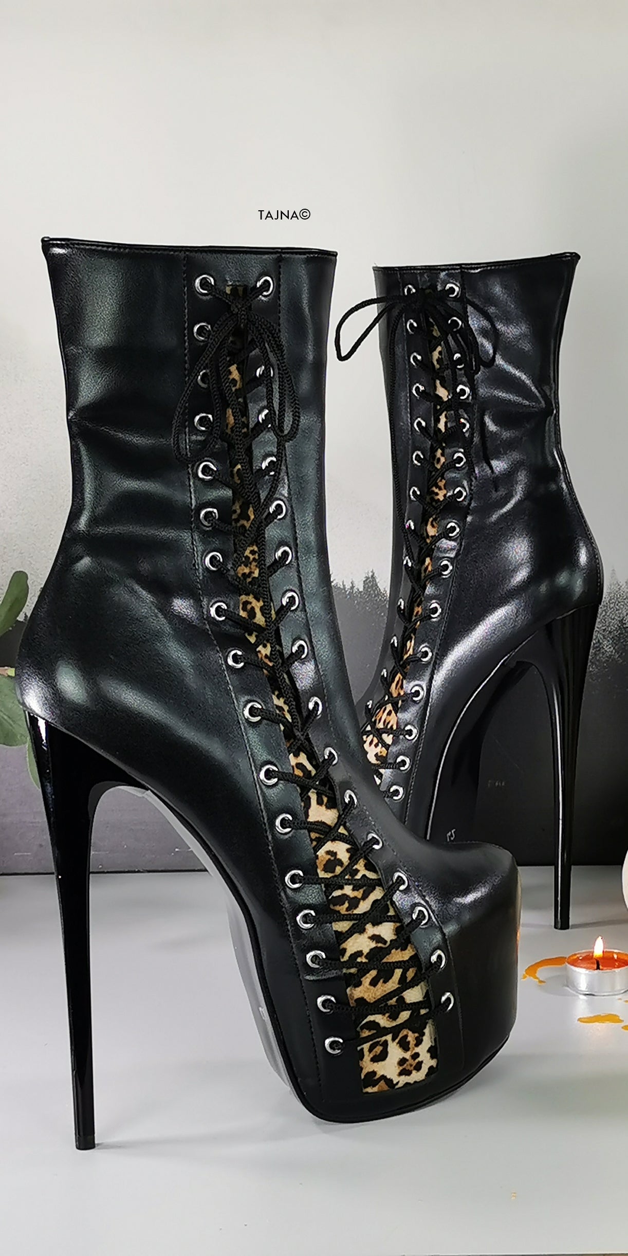 Black Leopard Corset High Heel Boots - Tajna Club