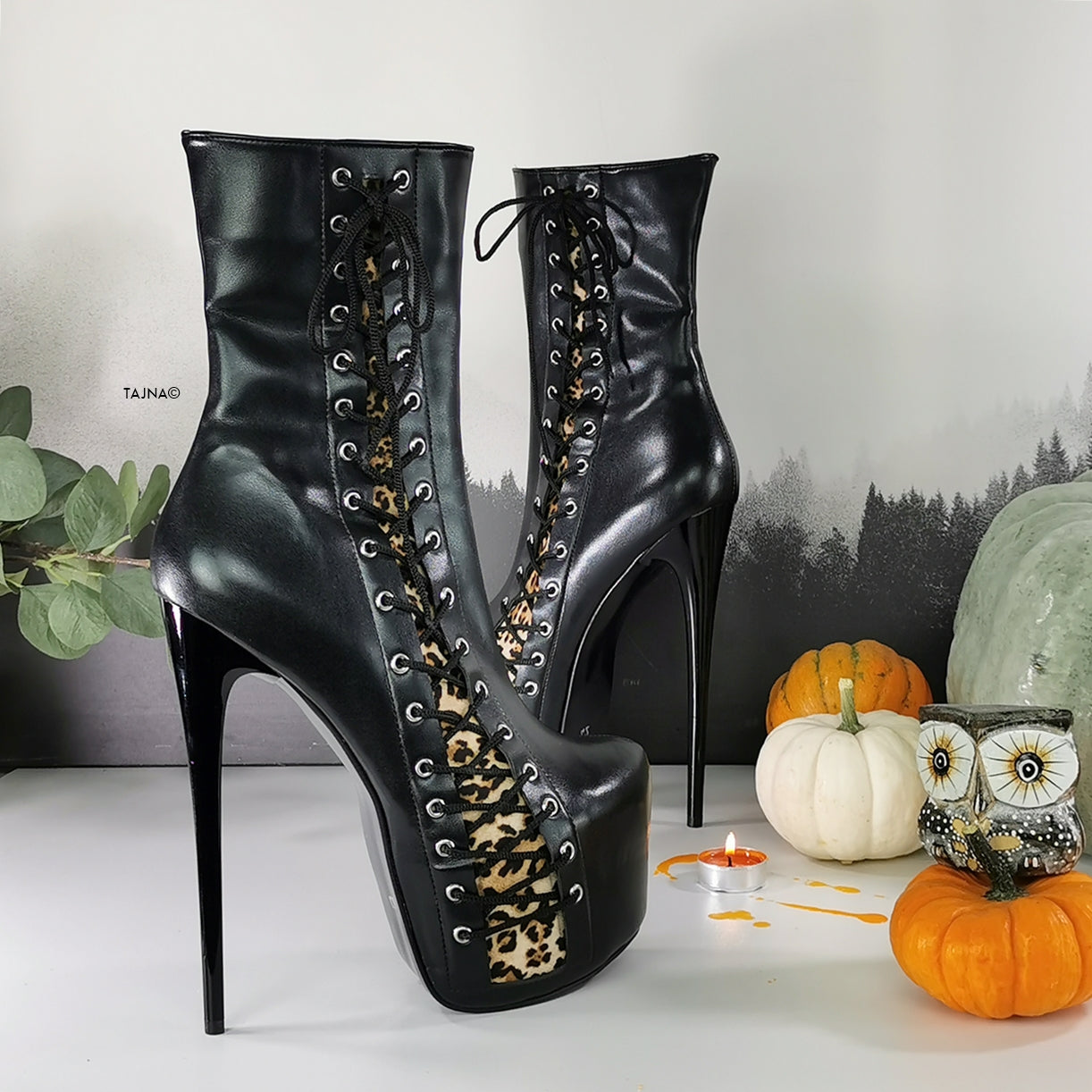 Black Leopard Corset High Heel Boots - Tajna Club