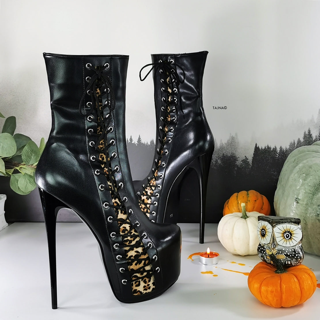 Black Leopard Corset High Heel Boots - Tajna Club
