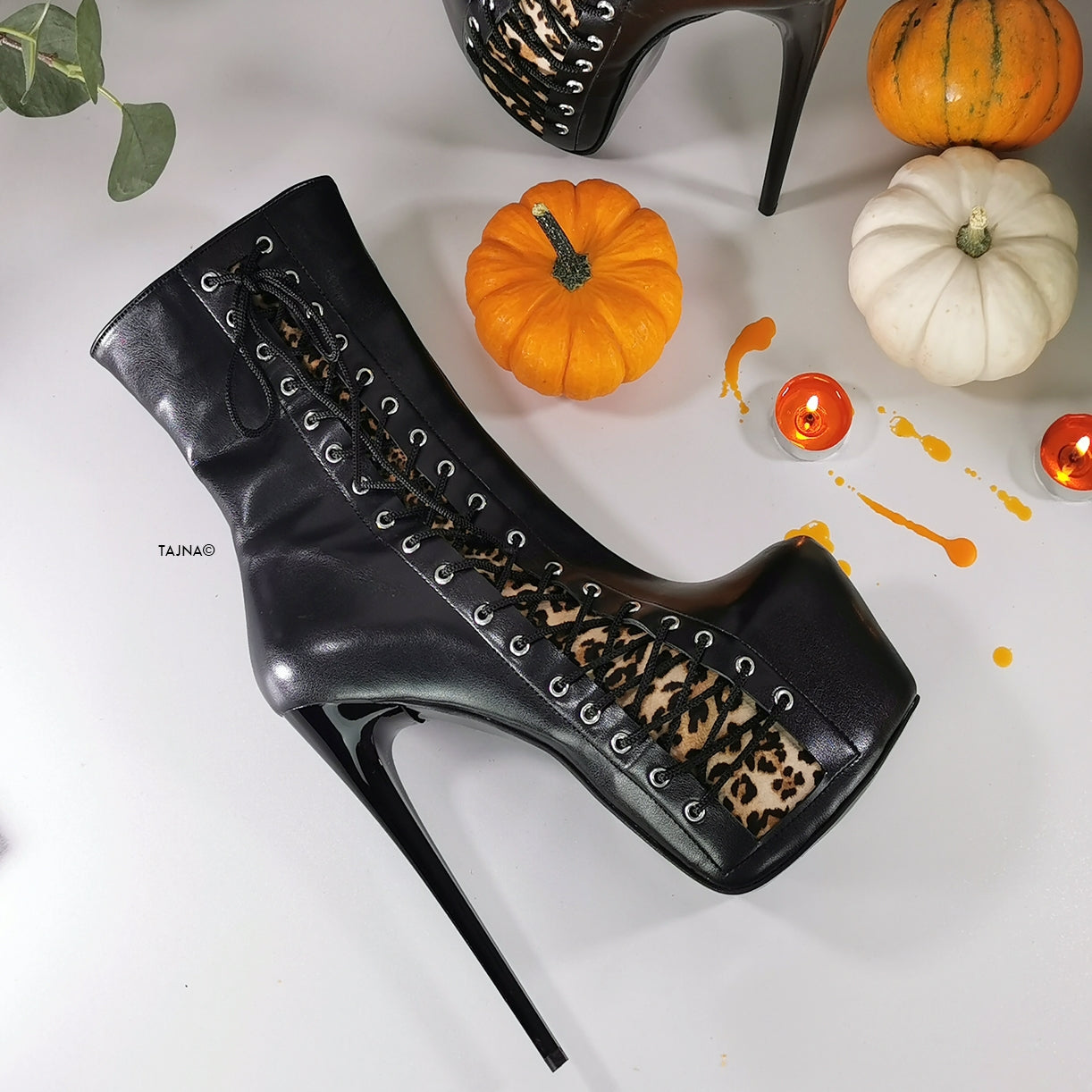 Black Leopard Corset High Heel Boots - Tajna Club