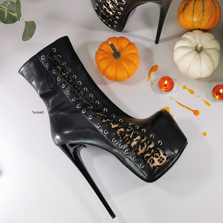Black Leopard Corset High Heel Boots - Tajna Club