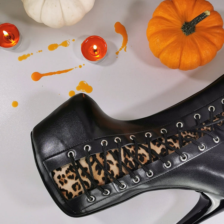 Black Leopard Corset High Heel Boots - Tajna Club