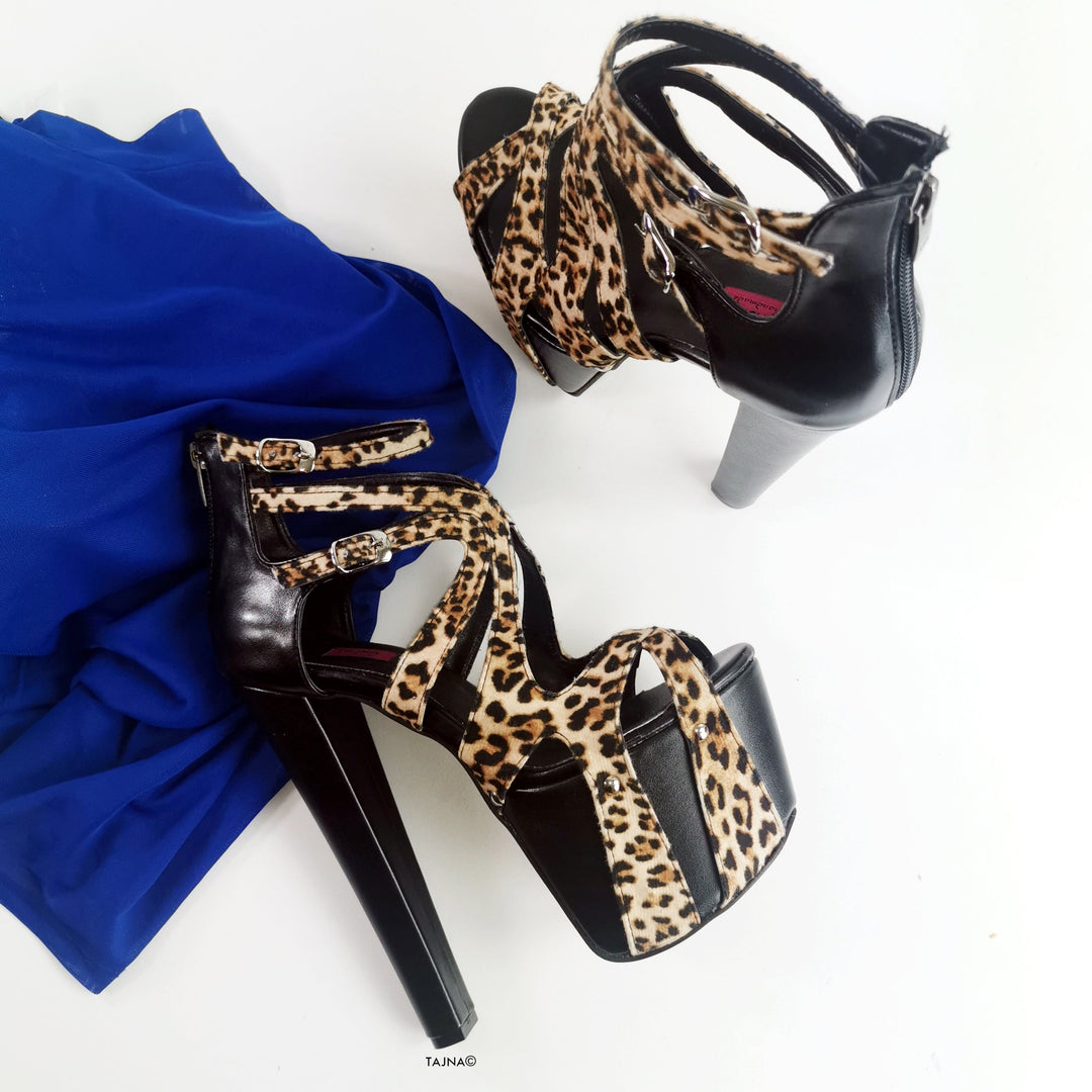 Black Leopard Detail Cage Heels - Tajna Club